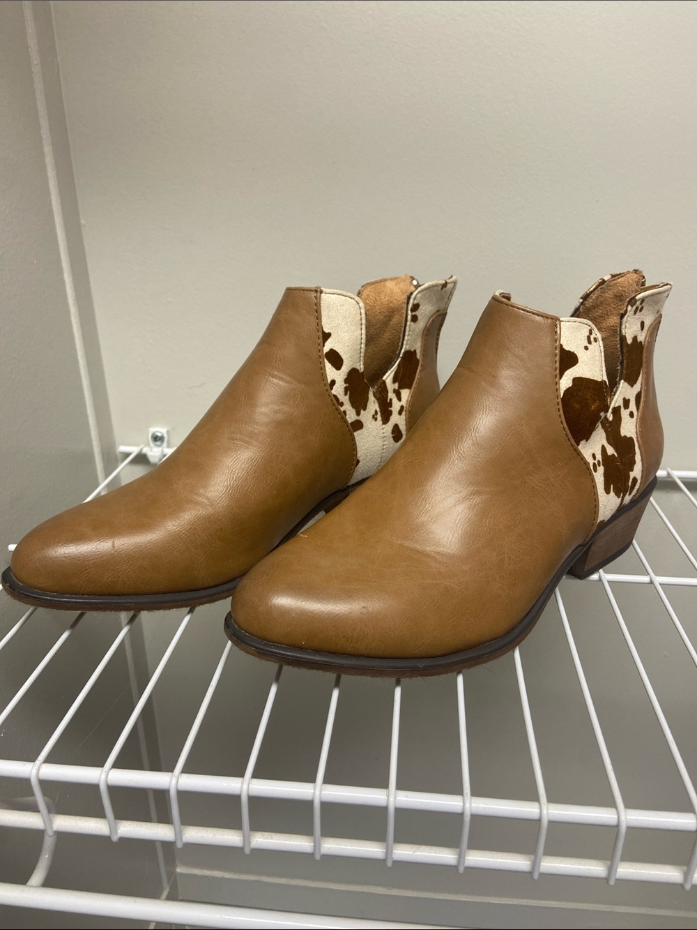 Pierre Dumas Tan Ankle Booties with Brown & White Cow Print Panel